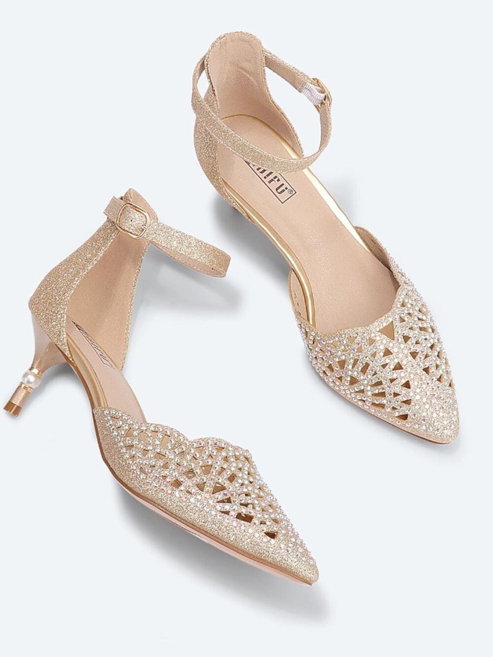 Women's Gold Glitter Rhinestones Low Kitten Heels Pumps Evening Dress Shoes